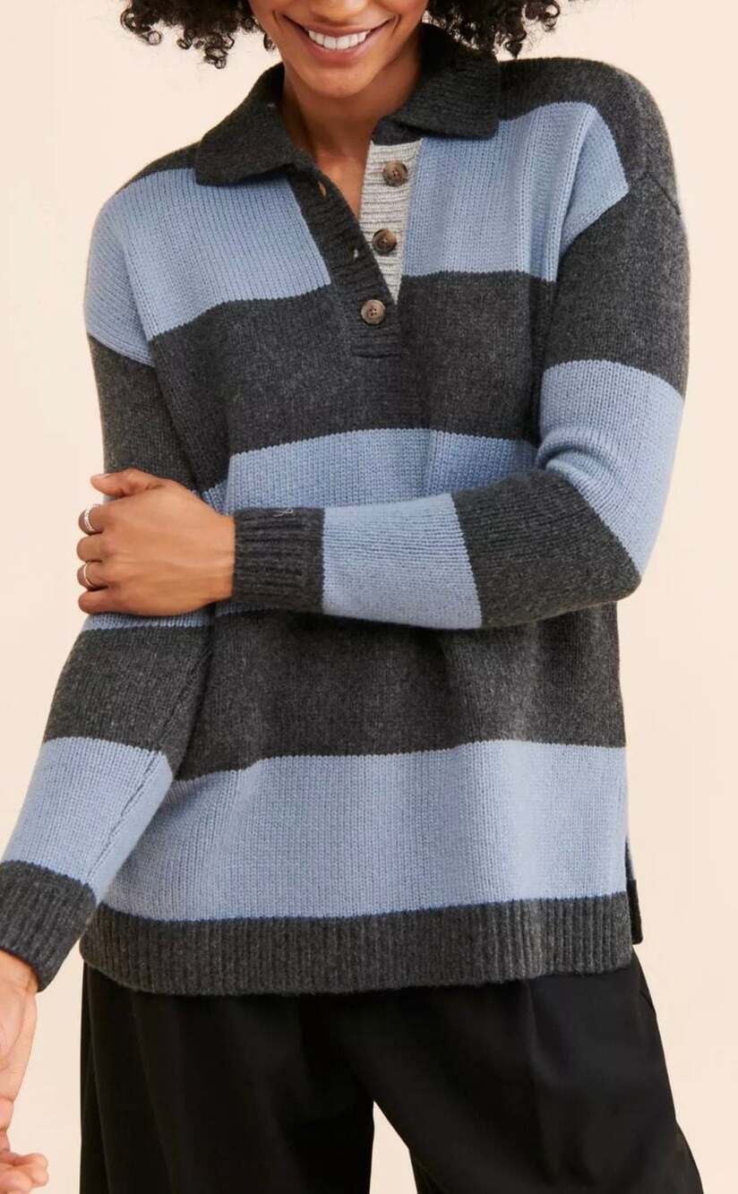 Madewell Rugby Stripe Polo Sweater in Charcoal Heather